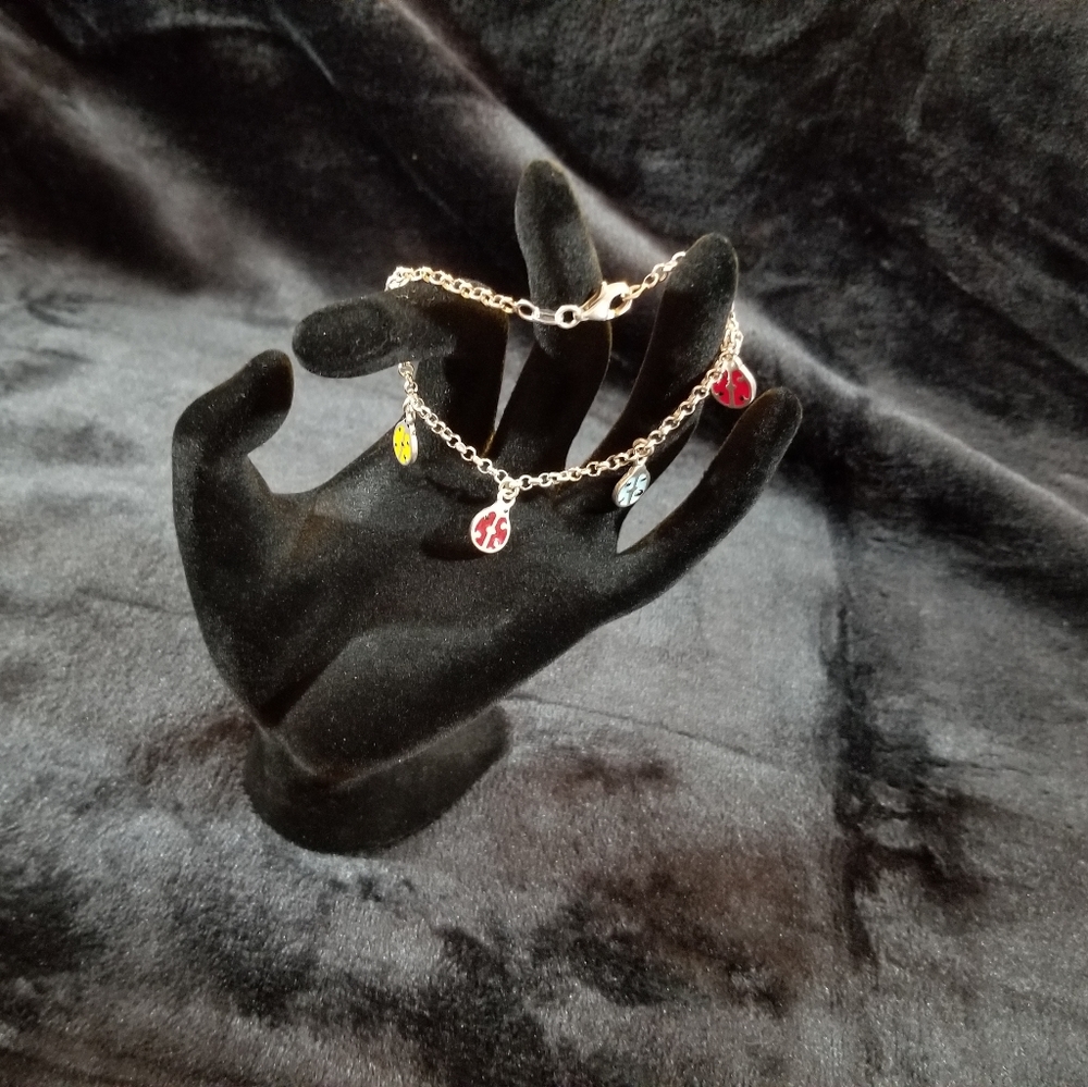 Sterling Silver & Enamel Ladybug Bracelet, 7"